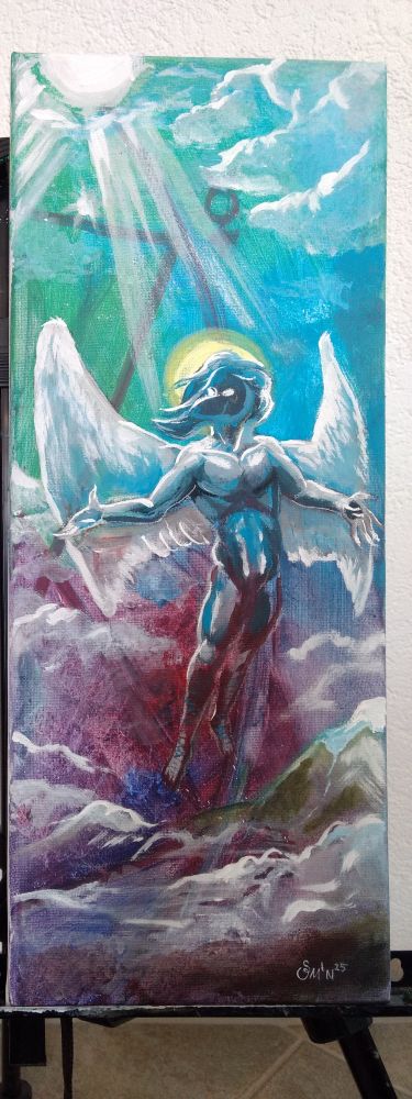anthropomorphic bluejay ascending from the hills below towards the sky, roughly inspired by the ascension of Christ