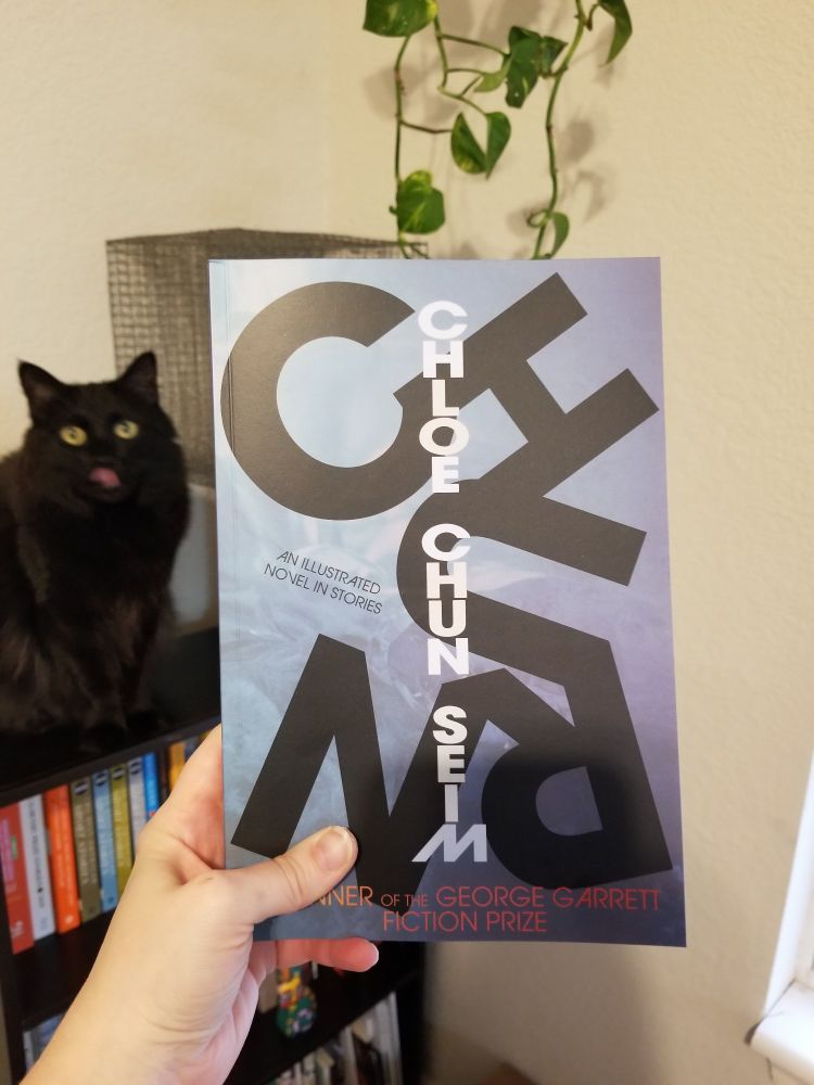Book cover of CHURN: an illustrated novel-in-stories by Chloe Chun Seim, held up against the background of a bookshelf where a cute black kitty sits.