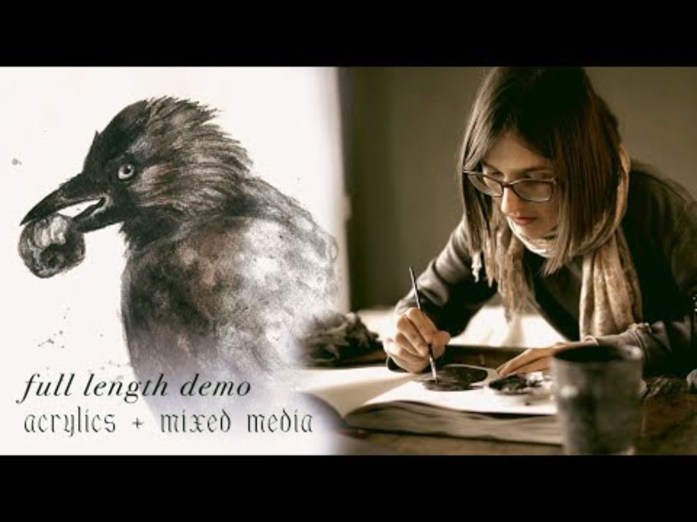 Paint a cheeky jackdaw with me! (acrylic mixed media demo, graphite vs carbon pencil comparison)