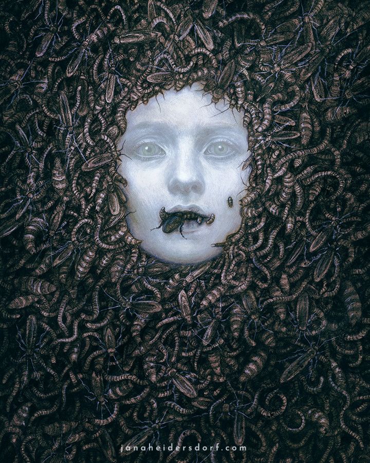 a pale impressionless face surrounded by a mass of bugs and worms looking straight at the viewer. Bugs crawl out of their mouth.