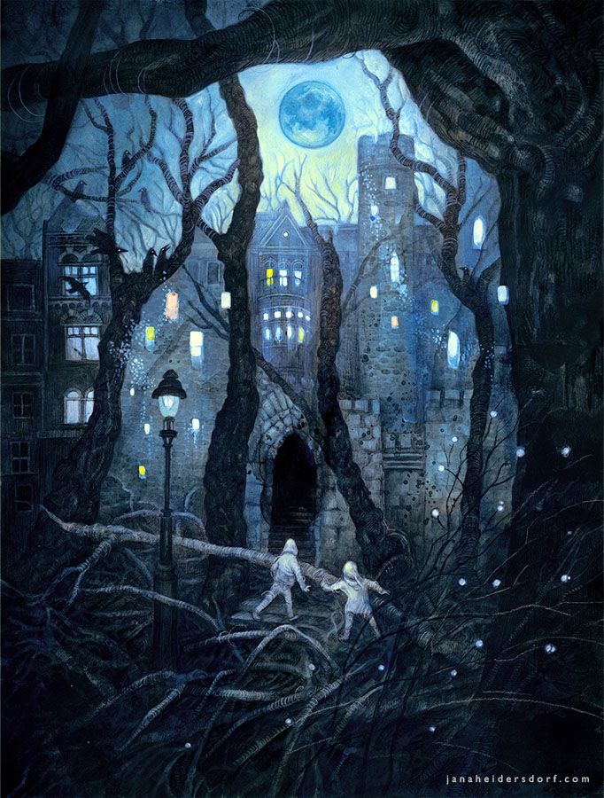 Two children explore  a mysterious house in a forest. The house consists of parts built in different centuries, a mansion and a castle. Crows perch on barred branches. A blue moon glows over the scene.