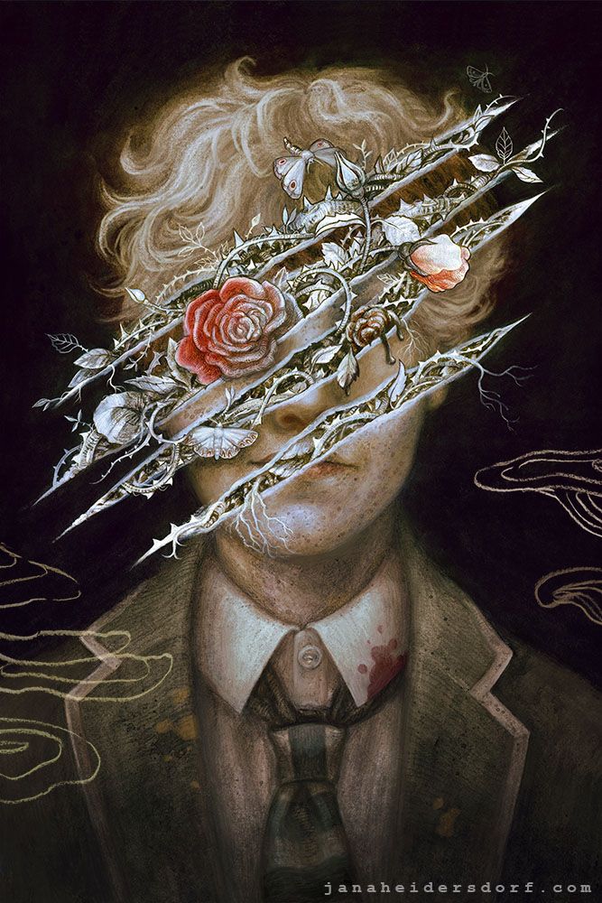 A portrait of a boy in school uniform. There are slashes through his face, flowers and thorny vines growing through. The colours are washed out apart from a rose growing where his right eye should be.