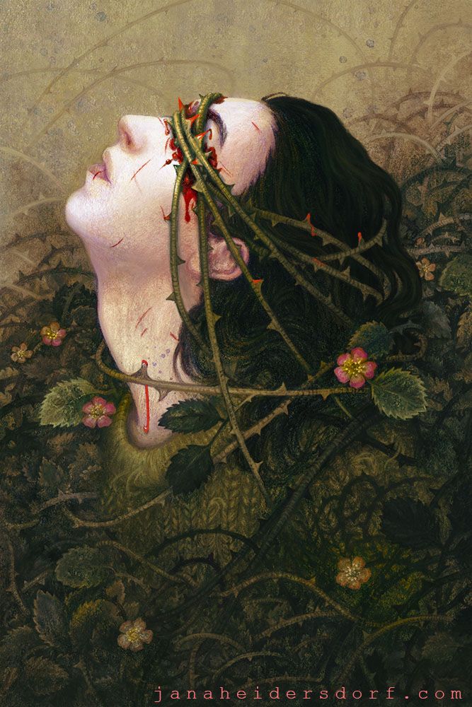 Portrait of a boy with dark wavy hair emerging from a thicket of thorny vines like somebody near drowning coming up for air. Vines cover his eyes, scratches cover his skin. Soft pink flowers surround him.