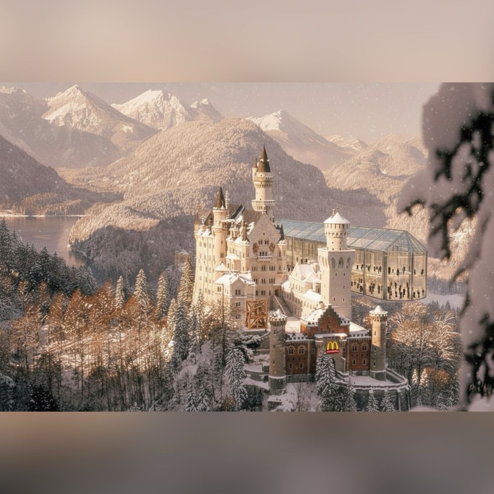 Schloss Neuschwanstein mit einem riesigen gläsernen Ballsaal als Anbau. Über dem Eingangstür des Schlosses hängt ein McDonald’s Schild.