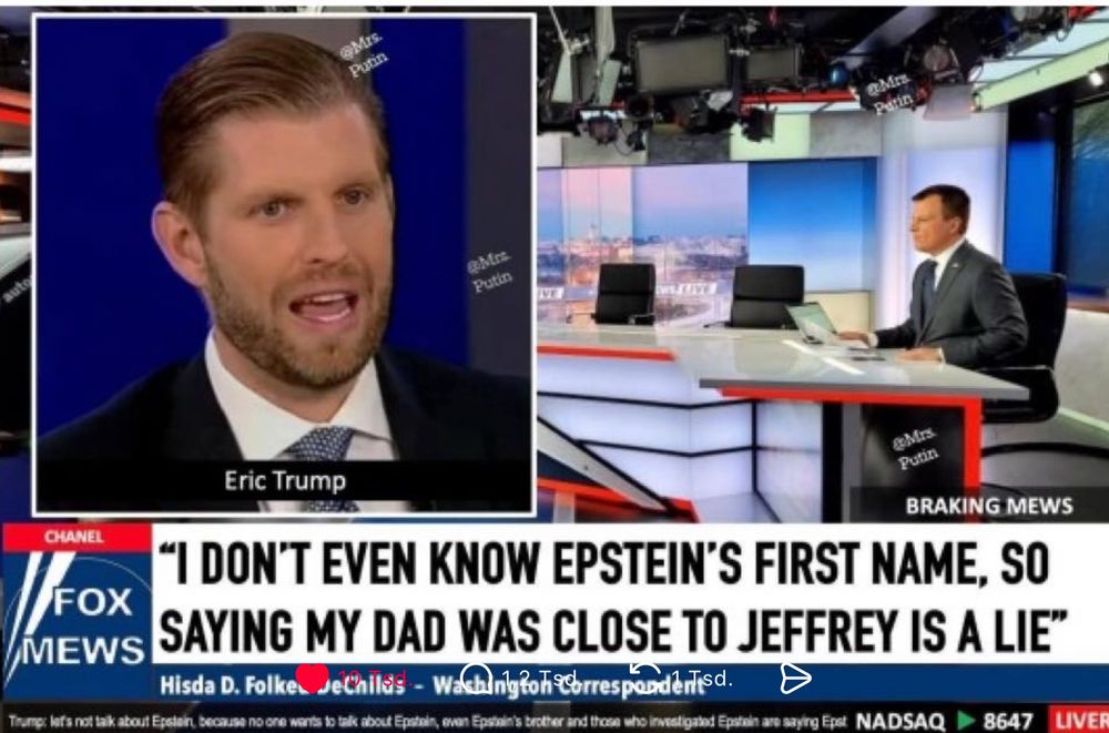 Es scheint ein Screenshot einer Fox News Sendung zu sein, in dessen Verlauf Eric Trump sagt: „I don’t even know Epstein‘s first name, so saying my dad was close to Jeffrey is a lie“