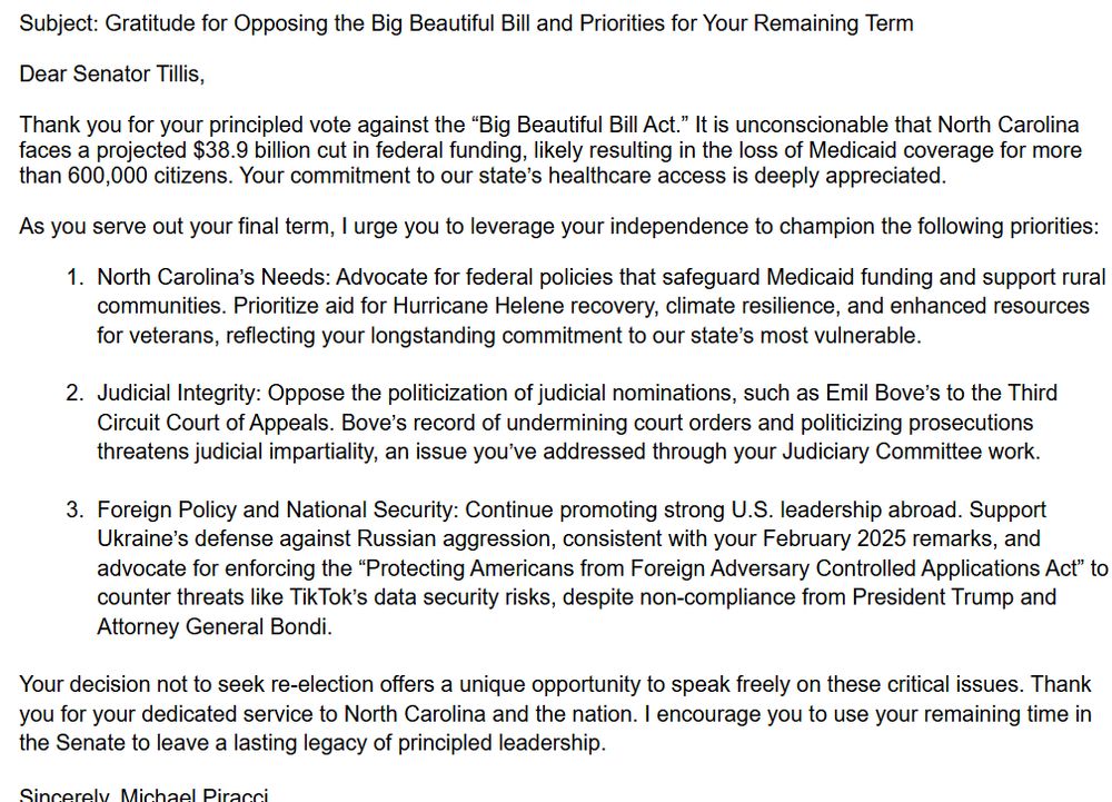 Screenshot of letter to Senator Thom Tillis