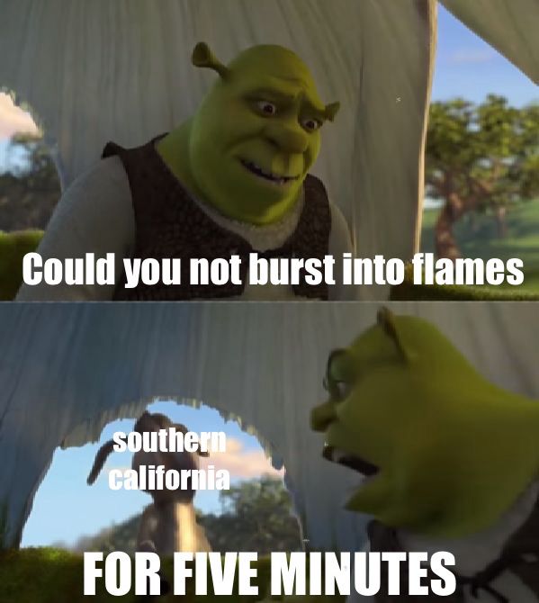 shrek yelling at donkey meme format with the text “Could you not burst into flames” on top panel and “FOR FIVE MINUTES” on bottom panel with “southern california” overlaying Donkey