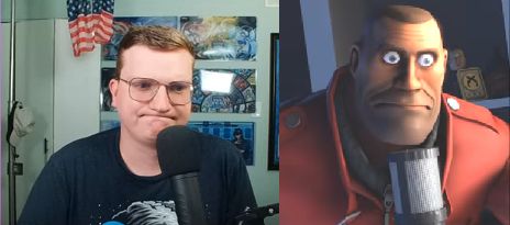 a side-by-side comparison of microcelebrity YouTube MBTYuGiOh with Soldier from the niche multiplayer video game 'Team Fortress 2'. Both of them are making a similar grimace. 