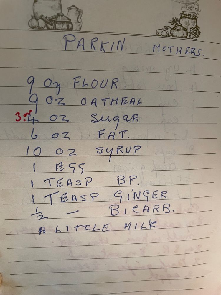 A handwritten parkin recipe, “Mother’s.”
