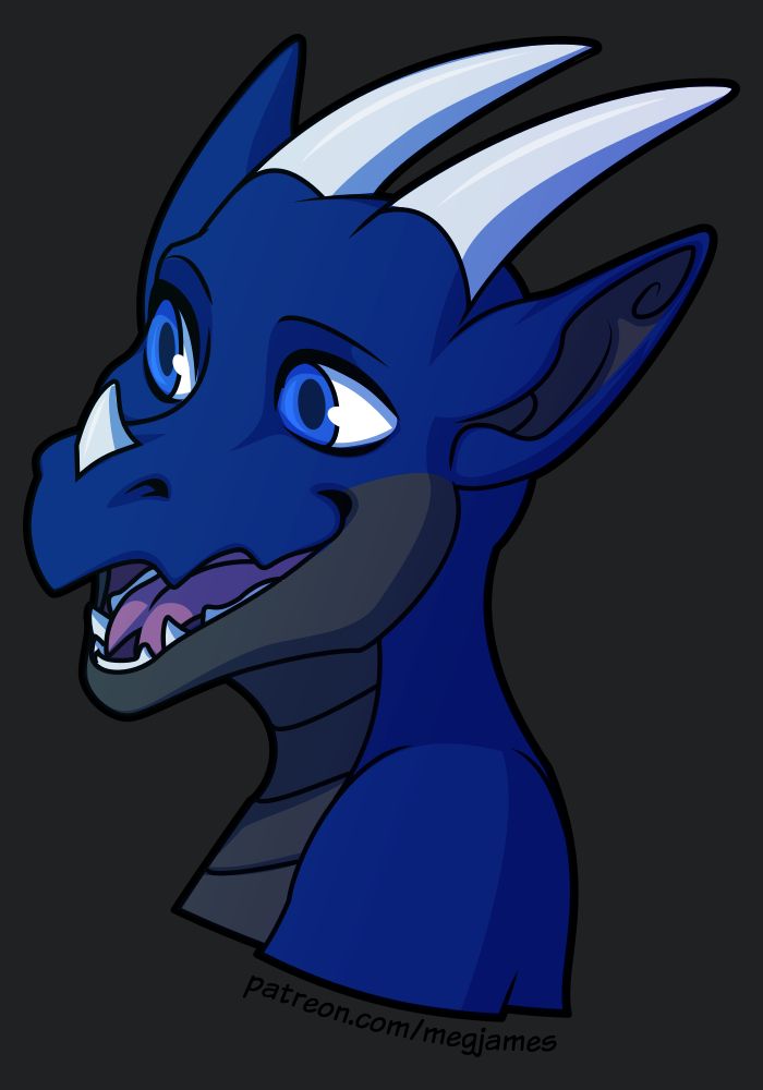 Quick draw portrait of Maikas, a blue anthro dragon, looking to the left with a calm and happy expression, on a transparent backdrop.