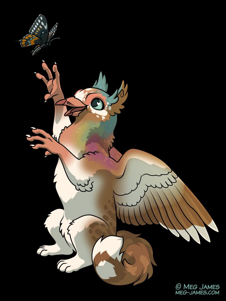 Drawing of Buttercup, a griffin based off a key west quail-dove and a cat. She has brown and white coloration, darker brown spots/stripes on her body and tail, and iridescent markings on her head, neck, and backs of her wings. She is sitting on her haunches and reaching up playfully at a butterfly.
