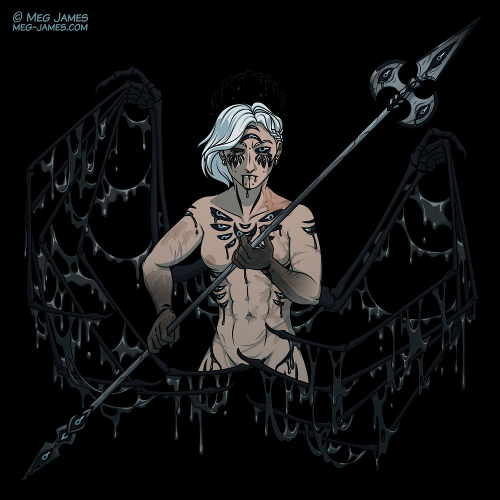 Halfbody drawing of Ilenne, a human/aasimar knight with dripping, bony black wings, dark dripping eyes all over her body, and a thorny black halo. She is looking forward with an intense gaze and wielding a halberd, which is also covered in dark dripping eyes.