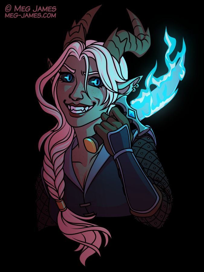 Halfbody drawing of Noregretta, a tiefling rogue with jagged horns, long white hair in a braid, and blue eyes with dark sclerae. She is smiling with a sinister grin, and holding up a dagger with blue flames emanating from the blade.