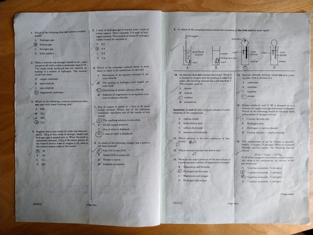 Chemistry exam paper with multiple choice questions.