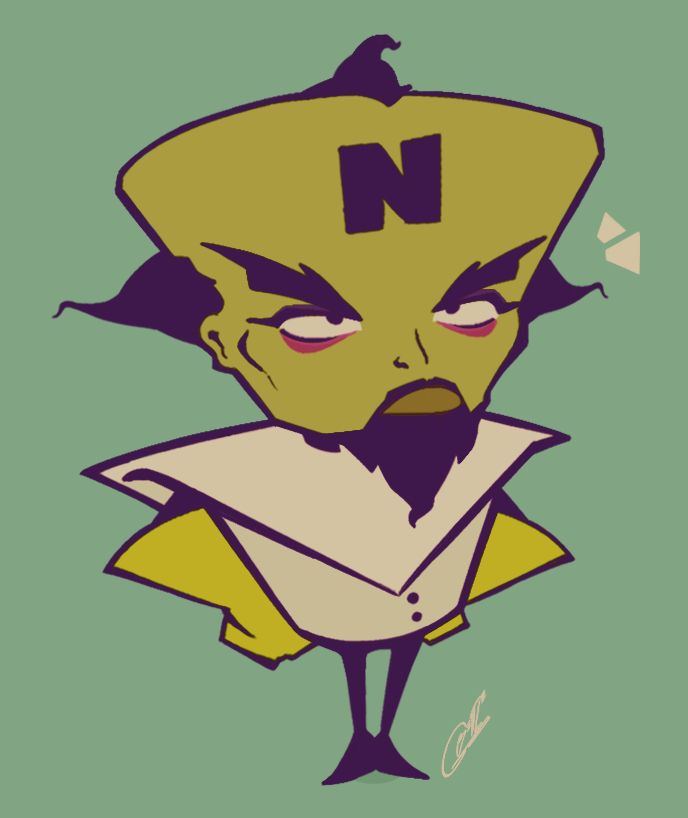 A stylized doodle of Dr. Neo Cortex, from the Crash Bandicoot series.