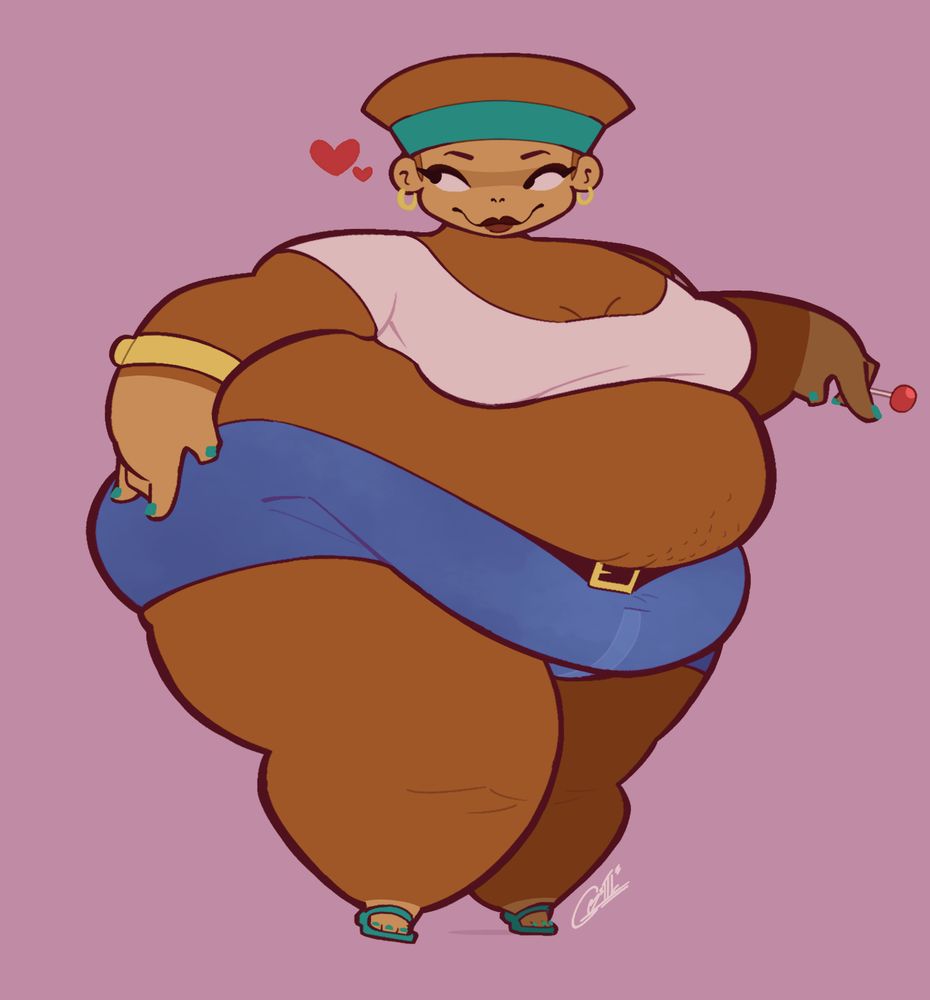 Candy Kong from Donkey Kong Country (TV series) depicted as obese - with a wider, chunky figure. She rests a hand on her fattened rear, squishing her love handle. With her other hand, she holds a red lollipop between her fingers. 

Candy’s fat belly is partially tucked into her shorts, squishing & straining against the belt. The belt itself is barely visible, as it is wedged between the squishy divide of her belly. 