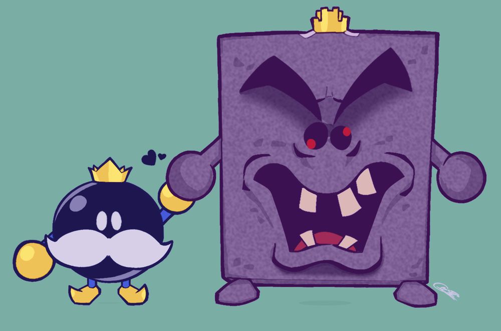 A stylized doodle of King Bob-Omb & The Thwomp King from “Super Mario 64” holding hands. 