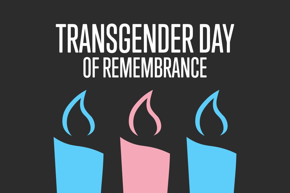 TRANSGENDER DAY OF REMEMBRANCE with illustration of three candles reminiscent of trans flag colors.  