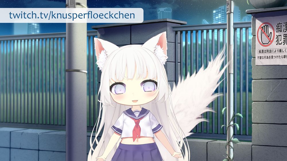 Ein Bild meines VTuber-Models. Sie ist eine weißhaarige Fuchs-Chibi. Auf dem Bild steht außerdem der Link zu meinem Twitch-Kanal: twitch.tv/knusperfloeckchen