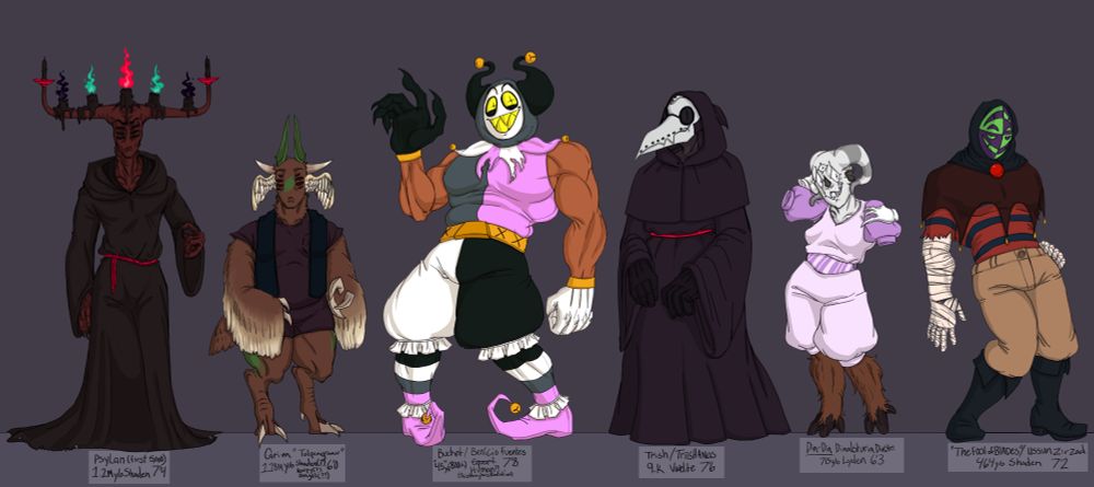 From left to right: Psylan 1.2 mil y/o Shaden (first of 5,000) 7'4, Grim "Tulpingraav" 1.18 mil y/o Shaden 6'0, Bucket/ Benício Fuentes 45 y/o Human?! (This thing has radiation) (800k years on Ameanria) 7'8, Trish/Triishanas 9k y/o Vwelite 7'6, Din-Din "Dinalsturia Dinstri" 715 y/o Lyden 6'3, "The Fool of Blades" Ussun Zirzad 464 y/o Shaden 7'2.