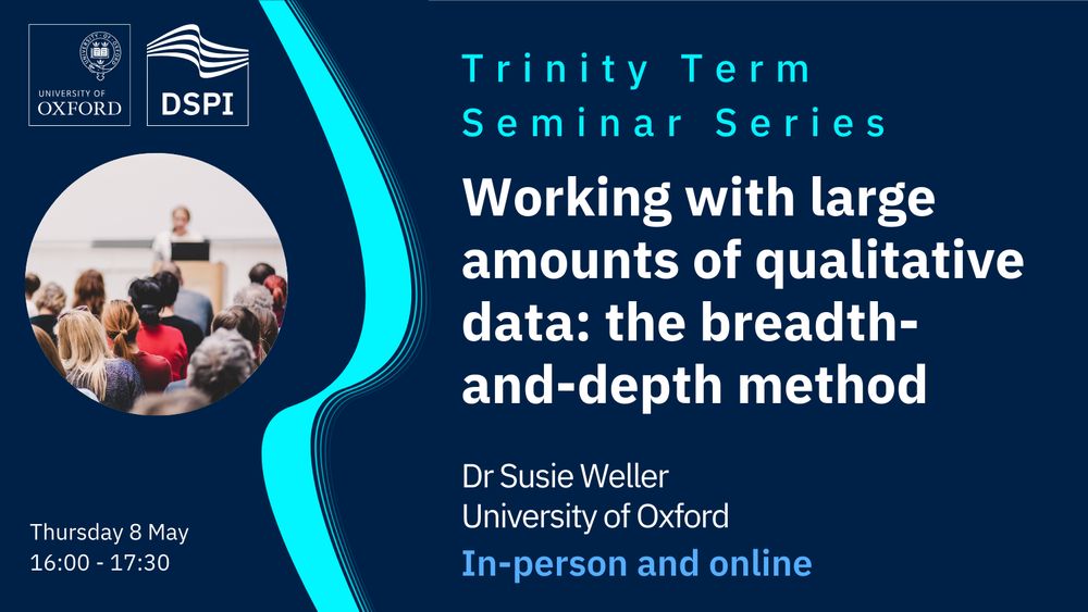 Trinity Term Seminar Series: Working with large amounts of qualitative data: the breadth-and-depth method
Dr Susie Weller
8 May, 4pm-5.30pm