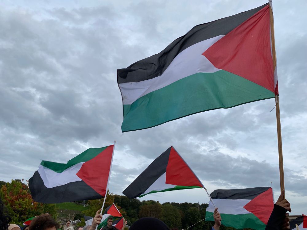 Palestinian flags at a rally in solidarity with Palestine outside Sheffield Train Station.