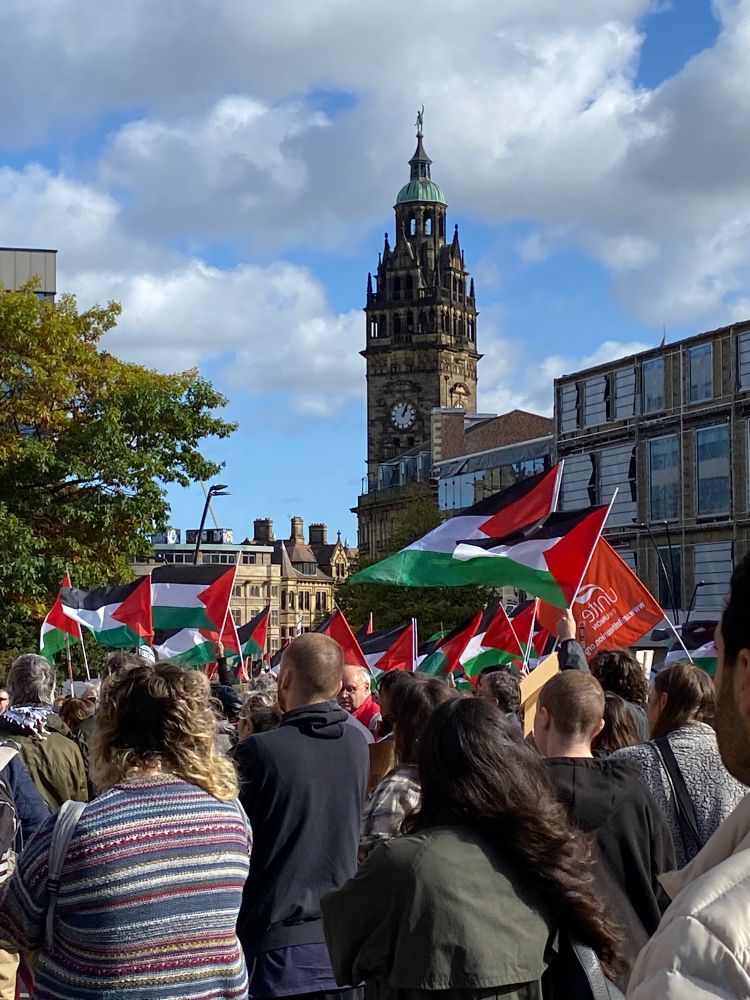 A rally in support of Palestine liberation at Sheffield City Hall