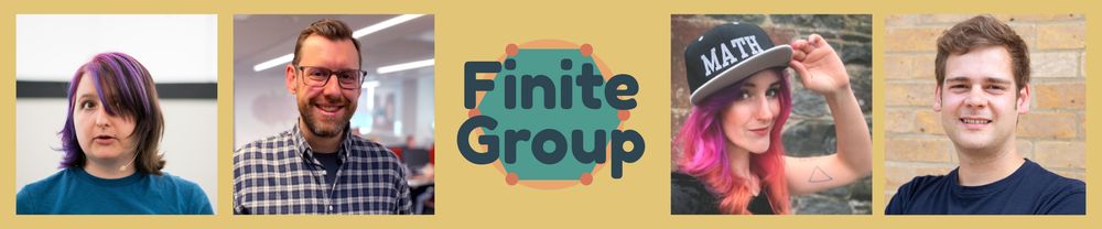 Photos of the four people in the Finite Group, along with the FG logo