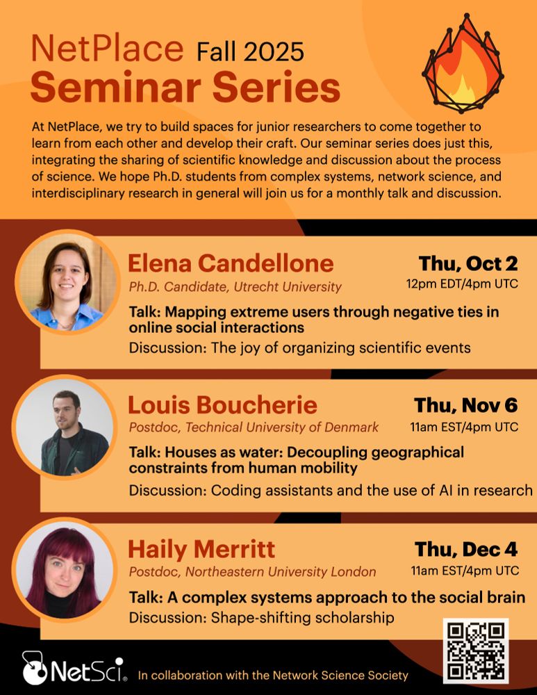 At NetPlace, we try to build spaces for junior researchers to come together to learn from each other and develop their craft. Our seminar series does just this, integrating the sharing of scientific knowledge and discussion about the process of science. We hope Ph.D. students from complex systems, network science, and interdisciplinary research in general will join us for a monthly talk and discussion.

Elena Candellone (Thursday, Oct. 2)
Louis Boucherie (Thursday, Nov. 6)
Haily Merritt (Thursday, Dec. 4)
