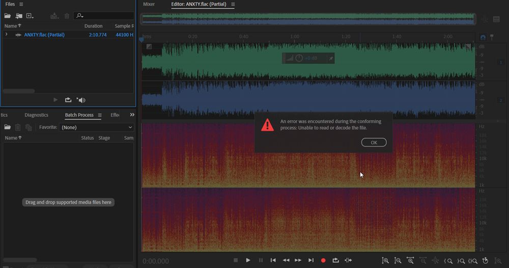 A screenshot of audio editing software, with a popup window reading "An error was encountered during the conforming process: Unable to read or decode the file." A side panel shows that ANXTY.flac is (partially) opened.