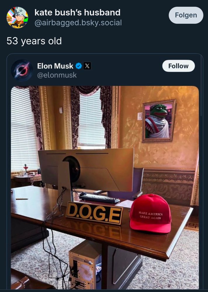 Picture of Elon Musks work desk. With a red MAGA head, a golden D.O.G.E sign in a desk with a computer. In the back a photoshopped picture with a meme hanging on the wall, showing a Cesar meme frog.