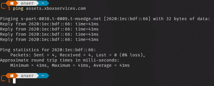 A screenshot of a command-line ping to assets.xboxservices.com, showing 4 successful replies from s-part-0038.t-009.t-msedge.net [2620:1ec:bdf::66]