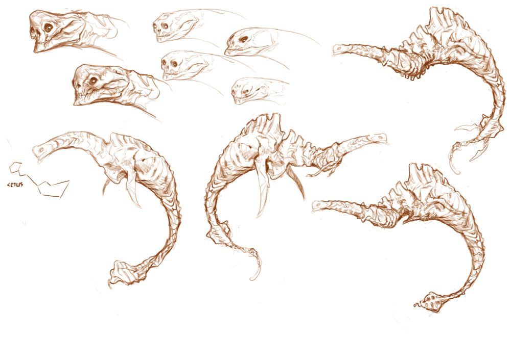 Loose sketches of a mutant human transformed to look like a mummified plesiosaur
