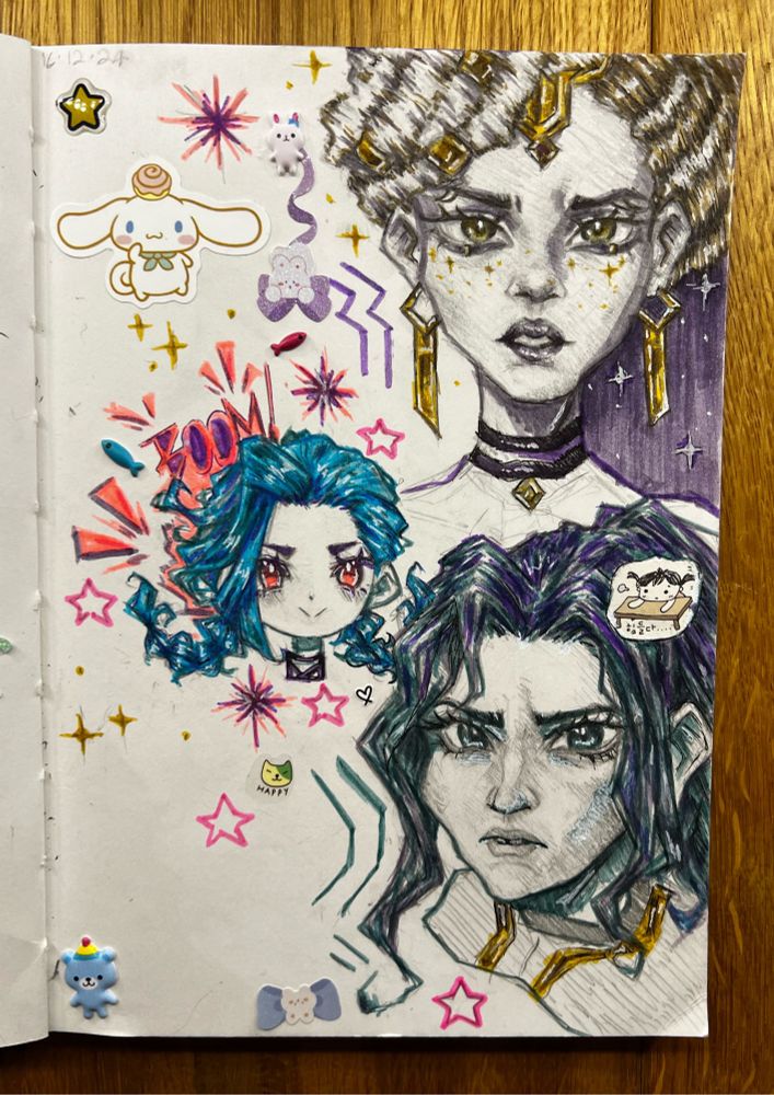 arcane sketchbook spread ft cait and mel and chibi jinx :3 