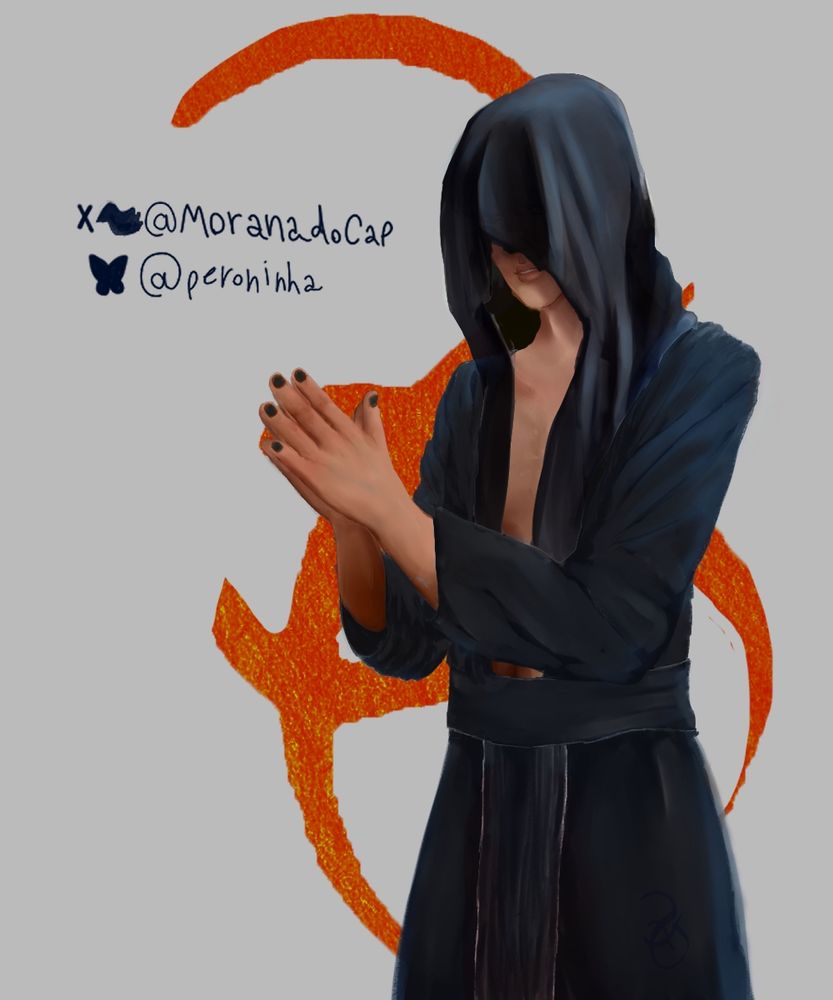 White skin tone man wearing a veil, his hand are on pray position, the veil covers his chest. He is wearing a type of yukata/priest clothing with a cut in the middle of the chest. Bluesh clothes. He have black hand nails