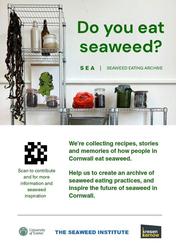 A poster for a seaweed eating archive with information on contributing and a photo of seaweed hanging from a rack, with other seaweed products in containers.