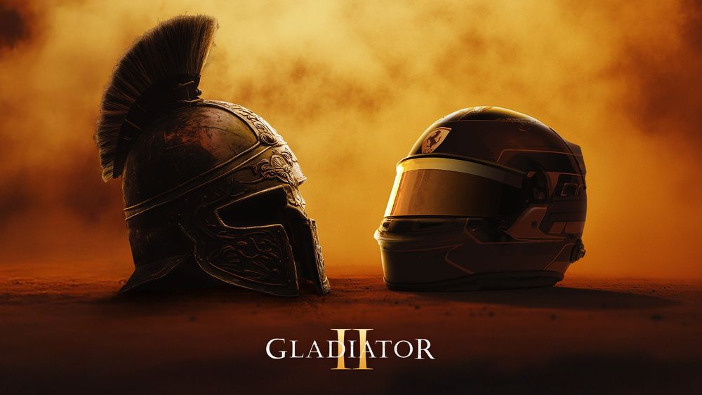 A promotional image for the new movie Gladiator II, which shows a Roman gladiator's helmet on the left and a Ferrari racing helmet on the right.