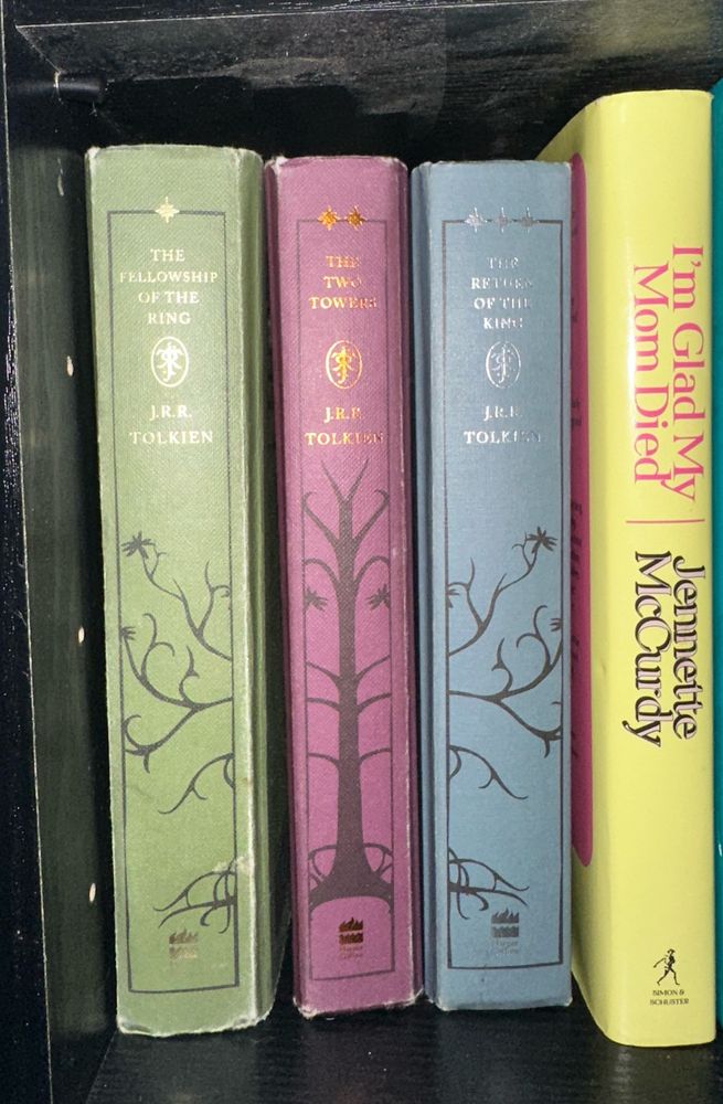 the Lord of the Rings book trilogy sitting on a black bookshelf 