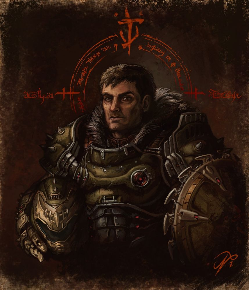 A digital portrait of Doomguy in his DOOM: The Dark Ages Praetor Suit. His helmet is off and held to his side, while his Shield Saw is held on the other side. A red halo of Sentinel runes and the Slayer's Mark rests behind his head.