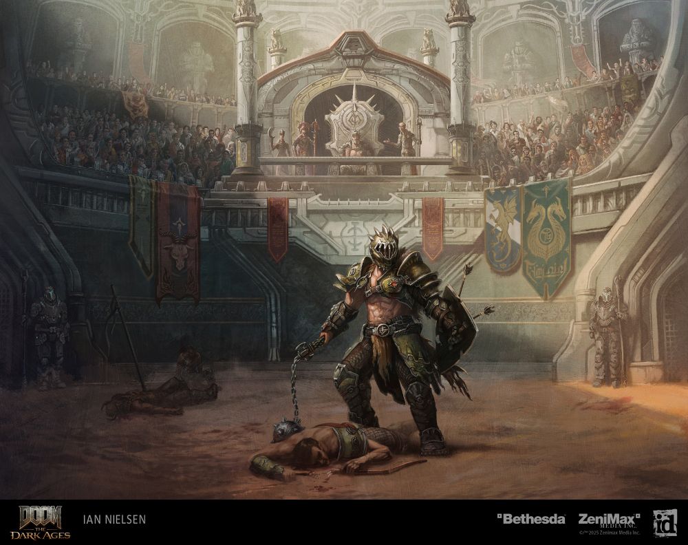 A digital painting depicting Doomguy in his Sentinel training armor standing in the middle of a massive colosseum packed full of spectators. The bodies of defeated combatants surround him while two Night Sentinel guards look on. Above him, King Novik and Deags Ranak, Nilox, and Grav watch closely. The banners of various Sentinel clans hang from the stands.