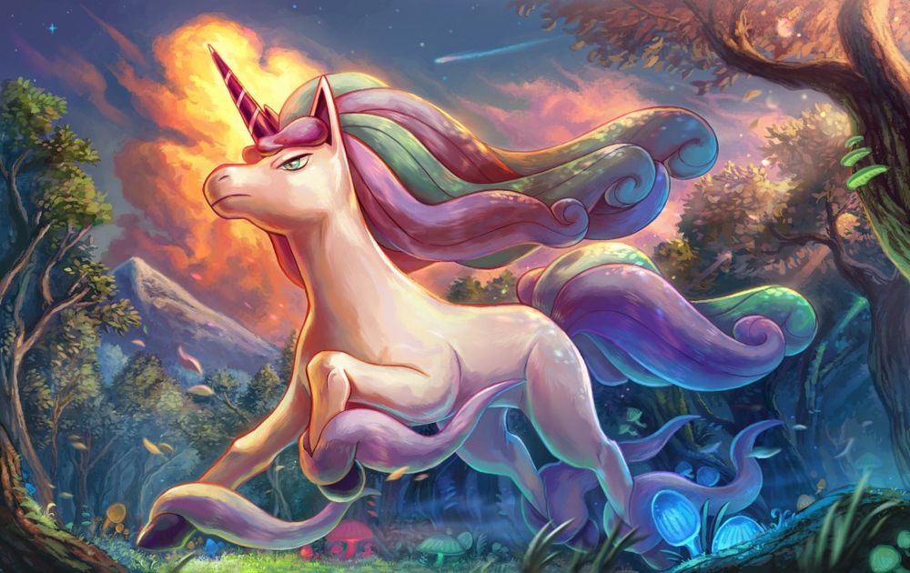 A Galarian Rapidash pridefully galloping through its home, the Glimwood Tangle. A lively leaf-filled breeze flows alongside it as the sun sets in the distance and the stars begin to appear in the dimming sky.