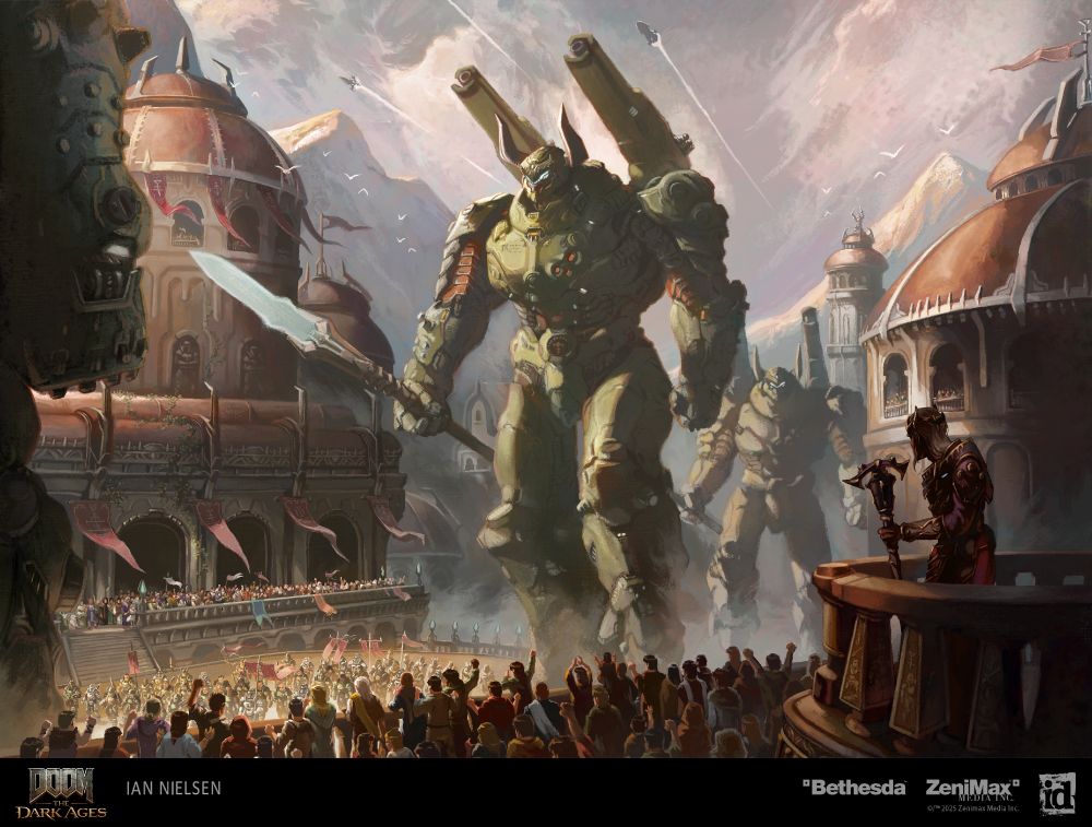 A digital painting depicting crowds of Sentinel citizens cheering on a line of Sentinel warriors and Atlans (which are mechs) as they march out to war. Banners sway energetically in the breeze as three ships fly overhead. To the right in shadow, a lone Deag watches on.