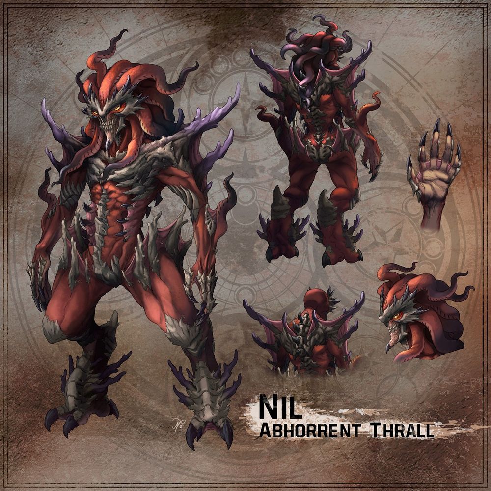 Completed concepts for an original character, Nil. Tentacles flow from their head like hair and their crimson flesh is covered in sharp, bony armor.