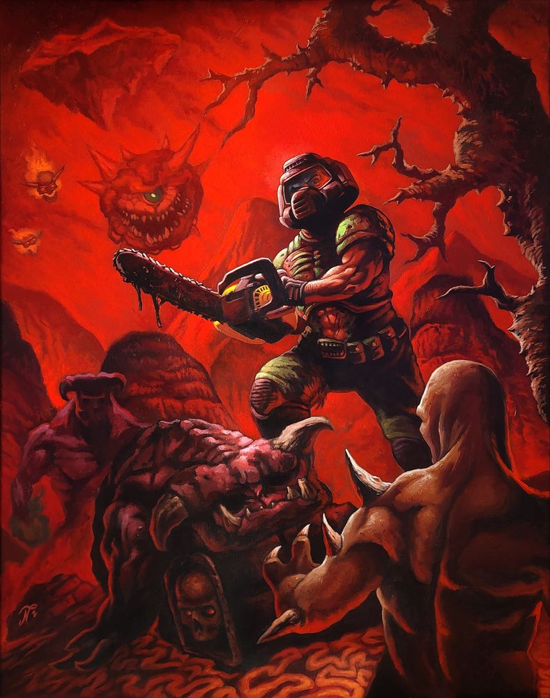 An acrylic painting on a 24"x30" canvas, made to celebrate DOOM's 30th anniversary. Doomguy holds a bloody chainsaw in a setting reminiscent of E3M1, standing over a slain Pinky demon. A look of adrenaline-fueled rage and fear is just visible through the visor of his helmet. An Imp in the foreground looks on while a Cacodemon and two Lost Souls approach from the sky. A Baron of Hell emerges from the red mists of the Hell Keep. The ruined Deimos moon base floats far above in the crimson sky.