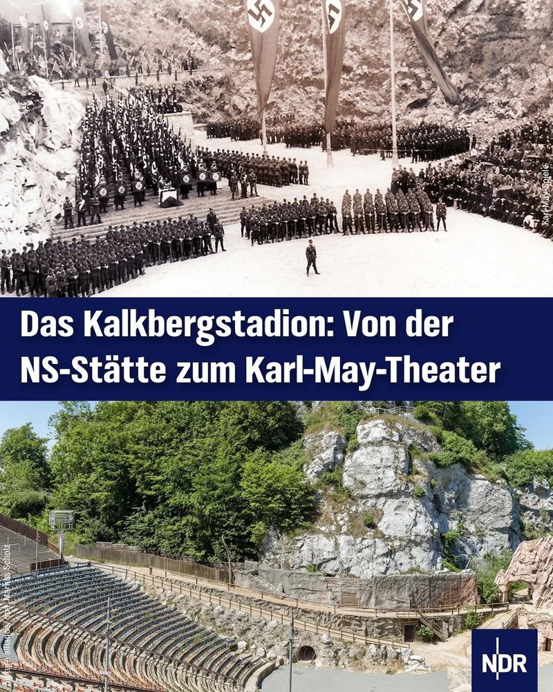 Das Bild zeigt einen historischen Vergleich des Kalkbergstadions. Die obere Hälfte zeigt ein Schwarz-Weiß-Foto einer großen Menschenmenge, die sich bei einer Nazi-Kundgebung versammelt hat, mit Fahnen und Militärpersonal. Die untere Hälfte präsentiert eine moderne Ansicht desselben Ortes.