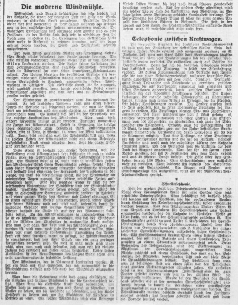 Artikel „Die  moderne  Windmühle“,  Hamburgischer Correspondent vom 28. Juli 1925