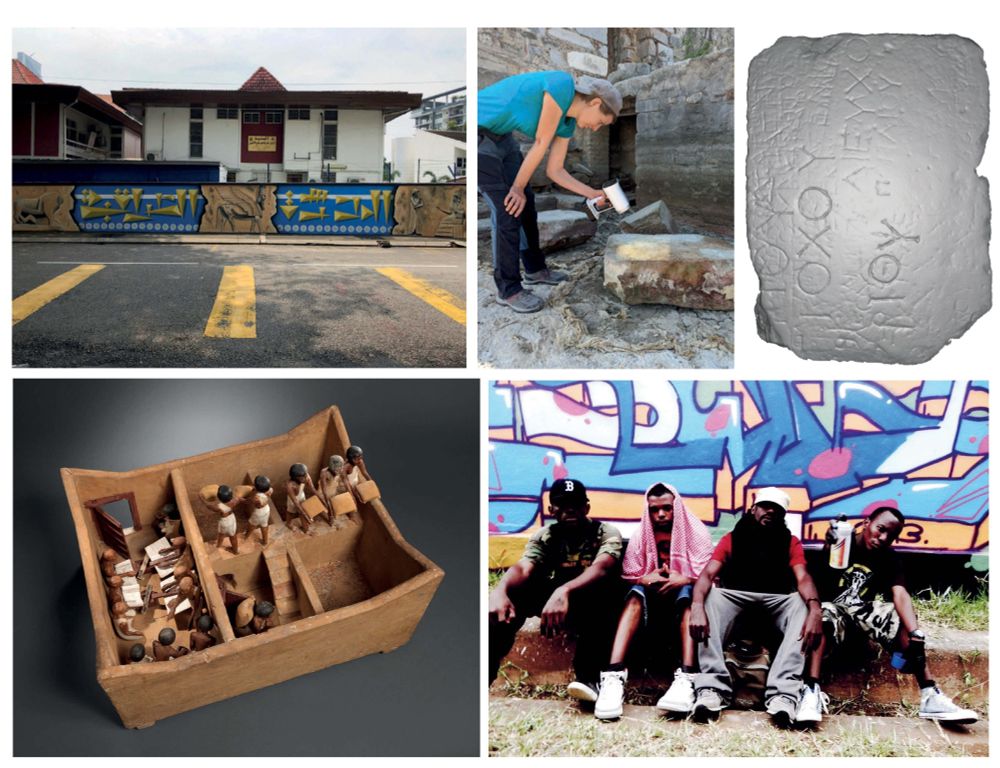 Eine Collage mit:

1. Ein Straßenwandbild mit antiken Figuren an einer Wand neben einem Gebäude.

2. Eine archäologischer Forscherin untersucht Steine an einer Grabstelle.

3. Eine alte Inschrift auf einer Steintafel.

4. Ein Modell eines Hauses mit Miniatur

5. Vier afrikanische Sprayer vor einem bunten Graffiti