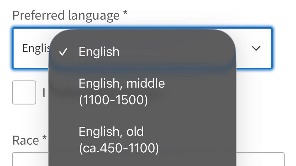Preferred language dropdown that includes Middle and Old English