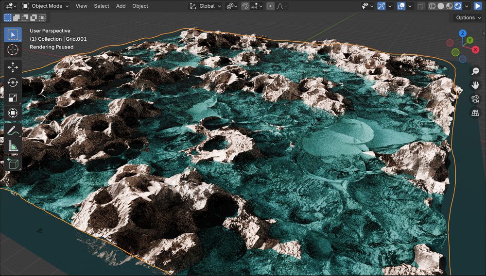 Captura de pantalla de Blender, con un enviroment compuesto de coral procedural muerto (que por la escala parecen montañas), y un material simple azul translúcido como un placeholder para el agua.