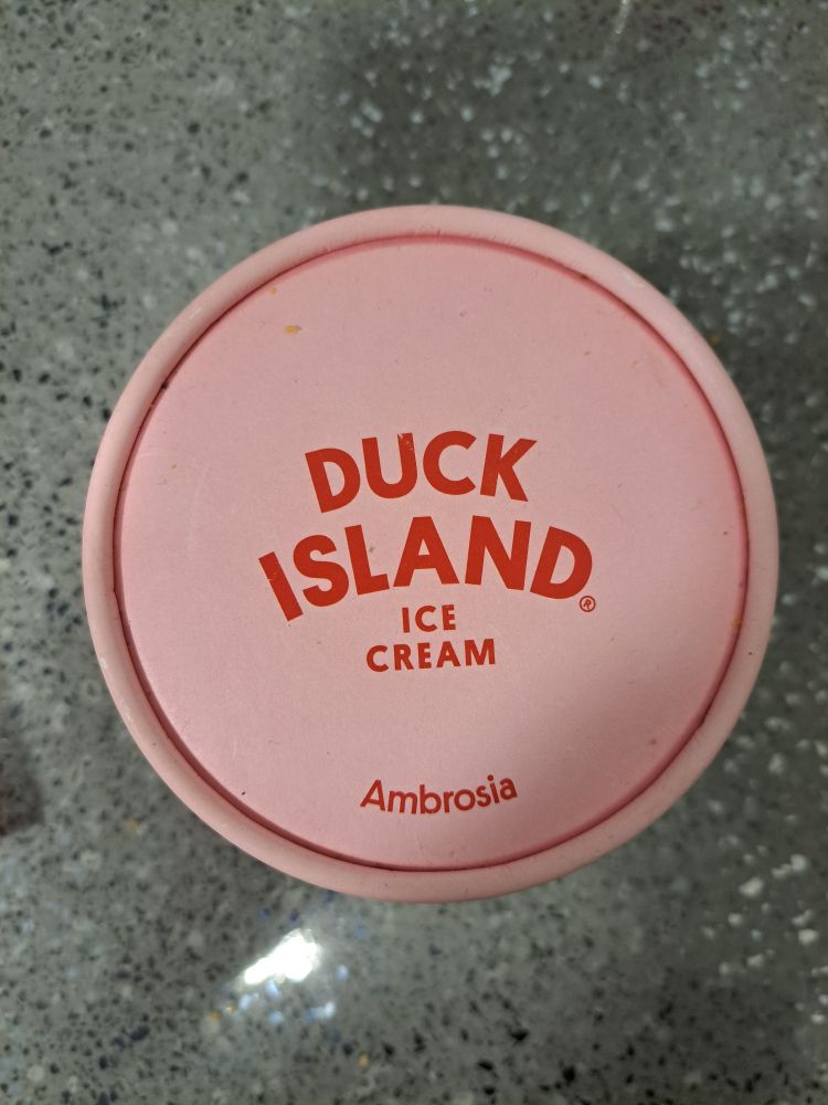 A tub of Duck Island Ice Cream, Ambrosia flavour

Had to cleanse my palate with something that understands sweet needs cutting with sharp

And the sour cherries within are very sharp
